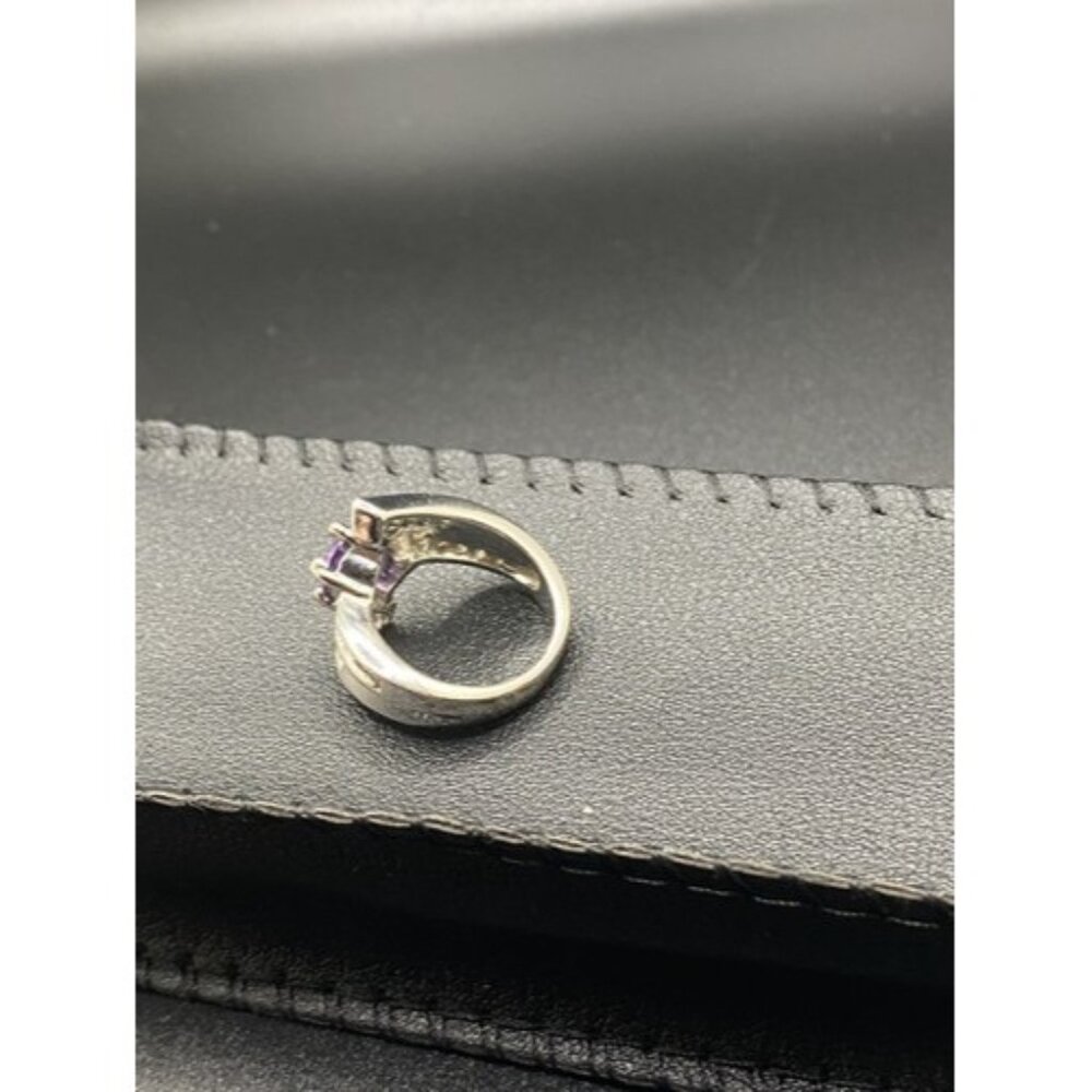Amethyst Silver Tone Bypass Ring 2 Rows of CZ's Chunky 6.9 grams Size 6 - Picture 5 of 7